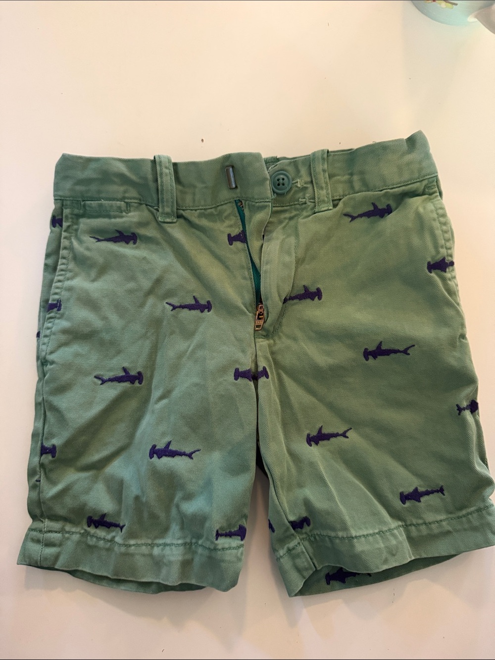 Crewcuts Green Shorts with Navy Shark Embroidery